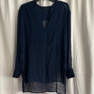 Jenni‎ Kayne Navy Blue Long Sleeve Swiss Dot Tunic Blouse Small